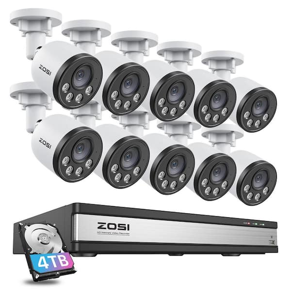ZOSI 16-Channel POE 4TB NVR Security Camera System with 10 4MP Wired Bullet Cameras, 100 ft. Night Vision