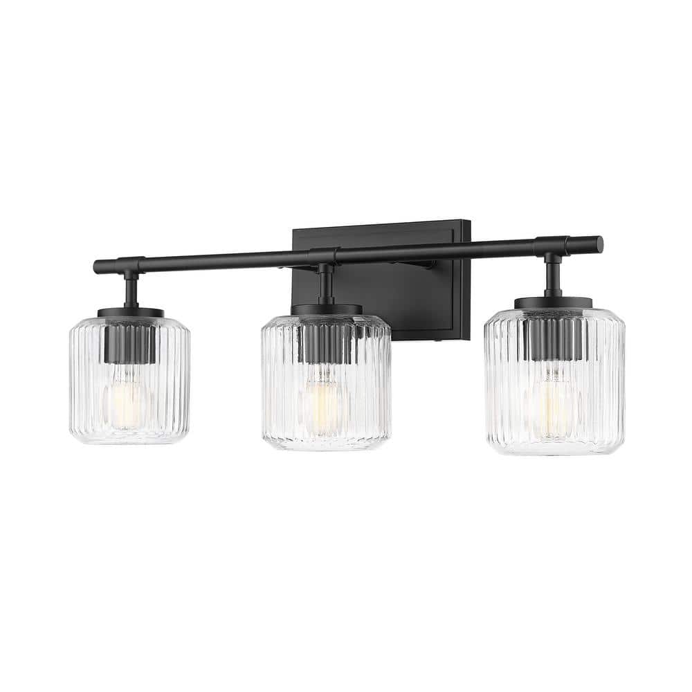 Landon 24 in. 3 Light Matte Black Vanity Light with Clear Ribbed Glass Shad