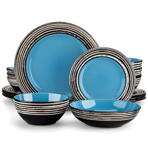 16-Piece Blue and Black Stoneware Dinnerware Set Service for 4-Bowls and Plates Tableware Set