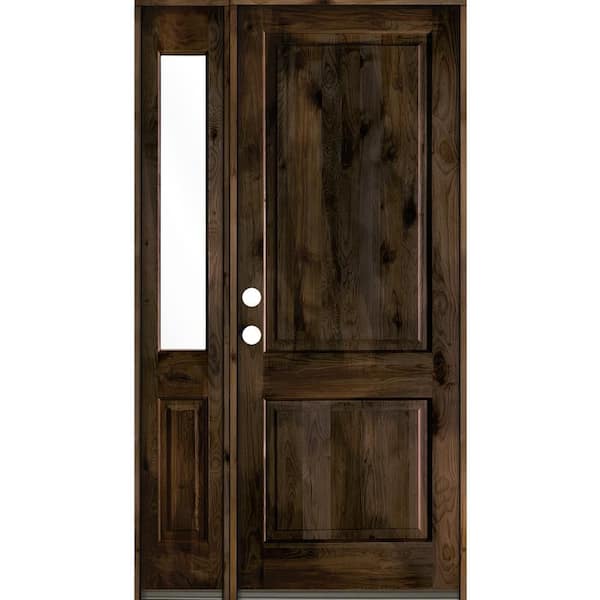 Krosswood Doors 50 in. x 96 in. Rustic knotty alder 2-Panel Sidelite Right-Hand/Inswing Clear Glass Black Stain Wood Prehung Front Door
