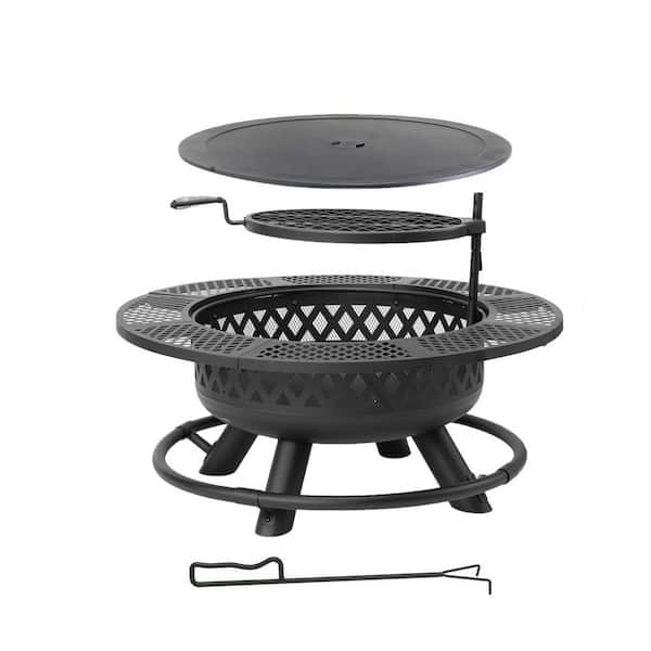 25 in. Outdoor Fire Pit with Grill, Large 3-in-1 Round Metal Firepit, Wood Burning, Lid & Fire Poker, Outdoor, Backyard