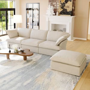 123 in. Contemporary Down Filled Comfort Overstuffed Linen Flannel Modular L-Shaped Sectional 3-Seater and Ottoman,Beige