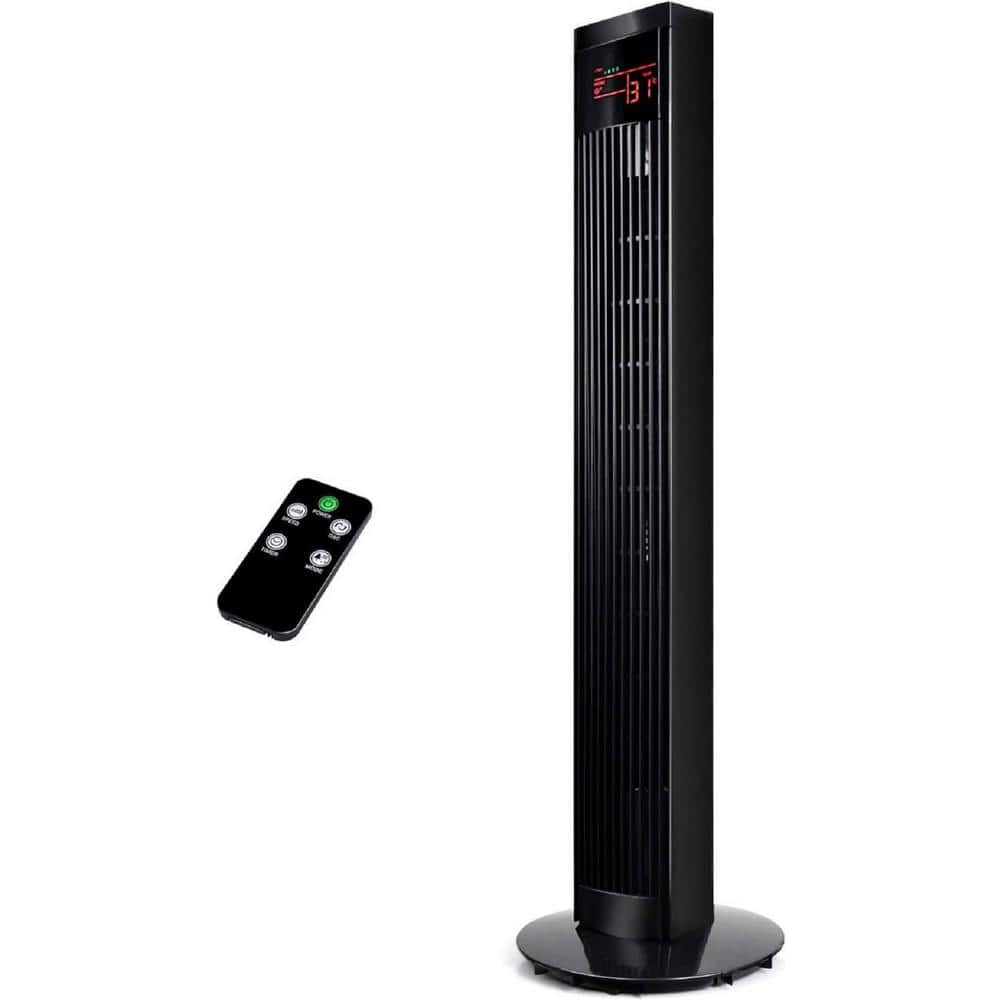 11 in. Electric Oscillating Tower Fan in Black with Remote Controland and L