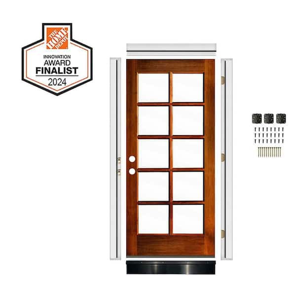 DIY RTA Kit 36 in. x 80 in. Right-Hand/Inswing 10 Lite Clear Glass Red Chestnut Stain Hemlock Wood Front Door
