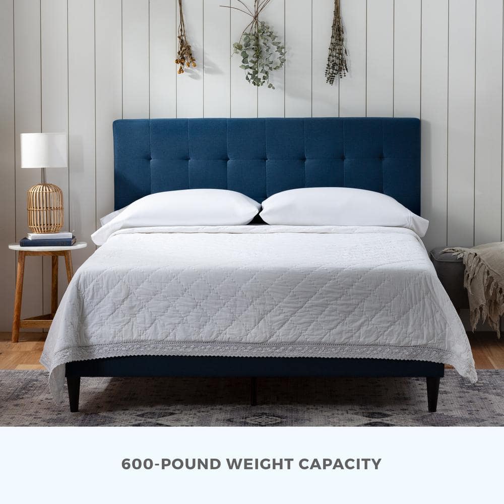 King-Sized Navy Linen-Tufted Upholstered Platform Bed with Wooden Slats