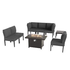 8-Piece Metal Patio Conversation Set with 55000 BTU Gas Fire Pit Table and Glass Coffee Table and Black Cushions