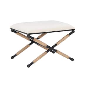 Nuddell Linen Upholstered Accent Stool with Black Metal Base and Rope Details