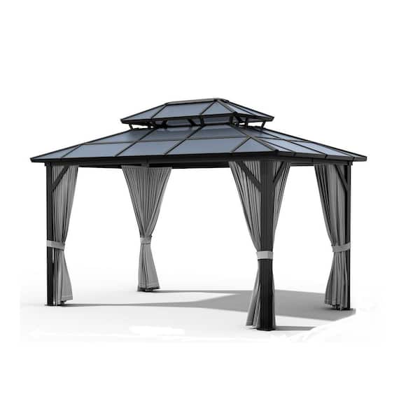 13 ft. x 10 ft. Polycarbonate Double Roof Hardtop Gazebo for Patio with Gray Curtains and Netting
