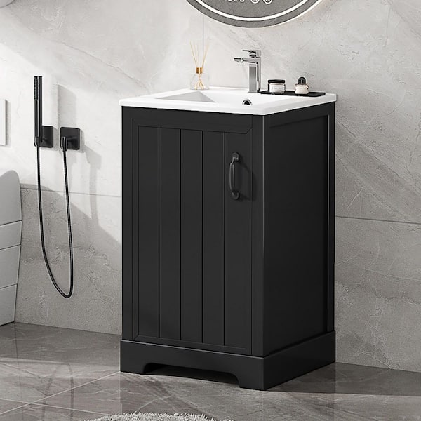 20 in. Single Sink Freestanding Black Bath Vanity with White Ceramic Top, Storage Rack and Adjustable Shelve