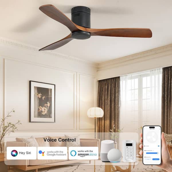 52 in. Indoor/Outdoor Smart Standard Flush Mount 3-Carved Wood Fan Blades Black Ceiling Fan with Romote/App Control