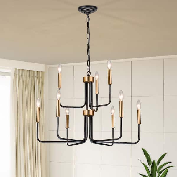 9-Light Modern Farmhouse Black and Gold Double-Tier Candle Chandelier