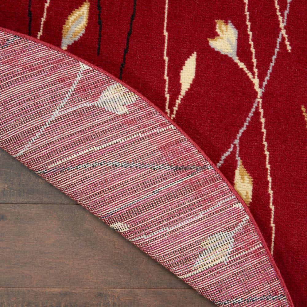 Red Round Floral Synthetic Easy Care Rug, 5'3"