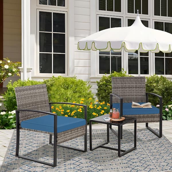 JUSKYS 3-Pieces Gray Wicker Outdoor Patio Set with Blue Cushions and Coffee table for Balcony Front Porch Garden Poolside, Apt