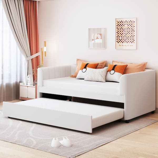 Harper & Bright Designs Beige Wood Twin Size Velvet Upholstered Daybed with Ergonomic Design Backrest and Trundle