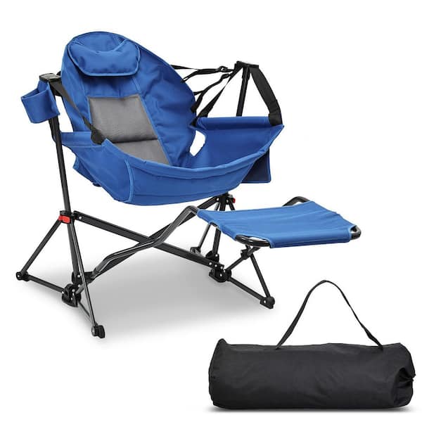Hammock Camping Chair Blue Mesh Fabric Chair with Retractable Footrest and Carrying Bag