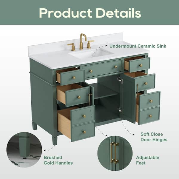 Lissa 49 in. Single Sink Freestanding Sea Green Bath Vanity with White Engineered Stone Top and Backsplash Assembled