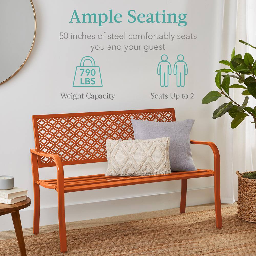 Carrot Orange Steel Geometric Pattern Outdoor Bench with Arms