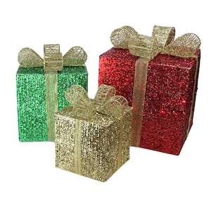 16 in. Christmas Outdoor Decoration Lighted Glistening Prismatic Gift Box (3-Pack)