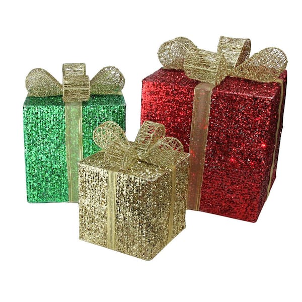 Northlight 16 in. Christmas Outdoor Decoration Lighted Glistening Prismatic Gift Box (3-Pack)
