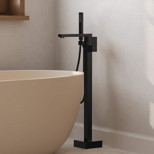 2-Handle Floor Mount Freestanding Tub Faucet with Hand Shower in Matte Black
