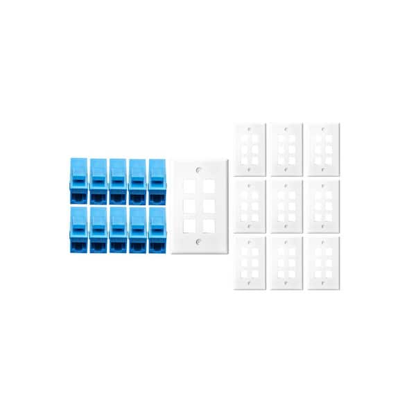 10-Pack 1-Gang White Keystone Plastic Wall Plate 6-Port & 10 Cat 6A RJ45 Keystone Inline Couplers Blue