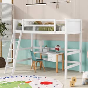 White Wood Frame Twin Size Loft Bed with Sloping Ladder Placing in Left or Right, Full-Length Guardrails