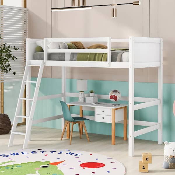 Harper & Bright Designs White Wood Frame Twin Size Loft Bed with Sloping Ladder Placing in Left or Right, Full-Length Guardrails