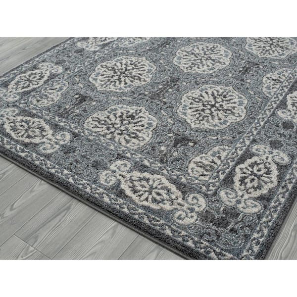 Alexandria 9 x 12 Steel Blue Bordered Pattern Area Rug for High Traffic Living Room Dining Room Bedroom