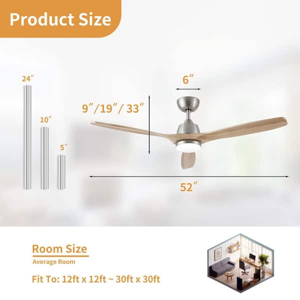 52 in. Integrated LED Indoor Downrod Mount Chrome/Oak Propeller Ceiling Fan with Dimmable Light and Remote 6-Speed