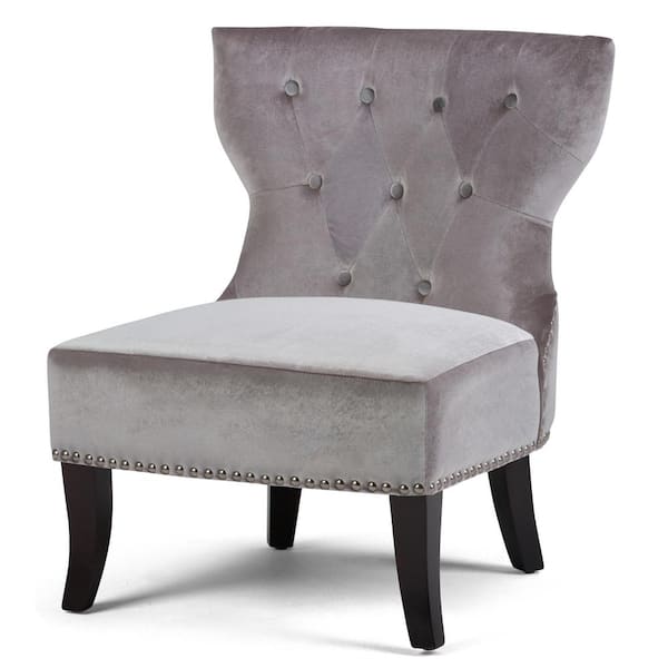 Simpli Home Kitchener Traditional 28 in. Wide Accent Slipper Chair in Grey Velvet