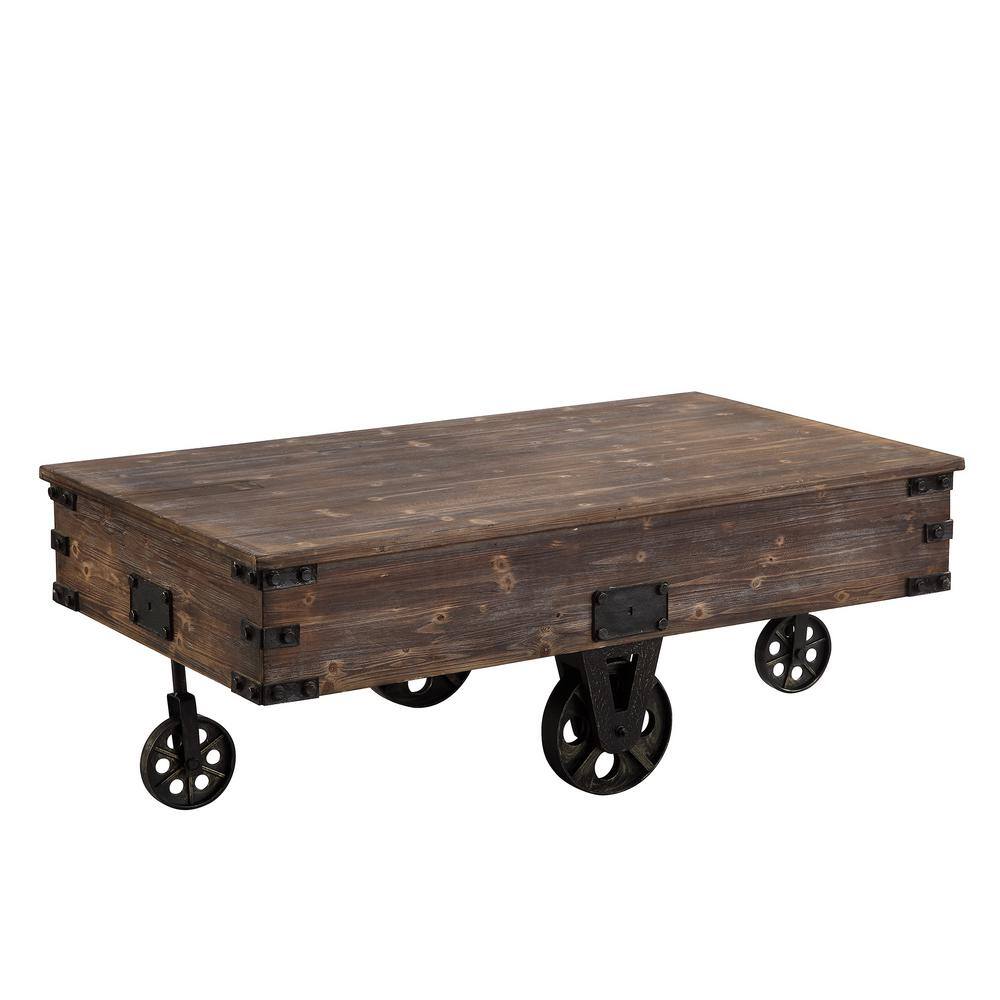Rustic Brown Wood Factory Cart Coffee Table with Wheels