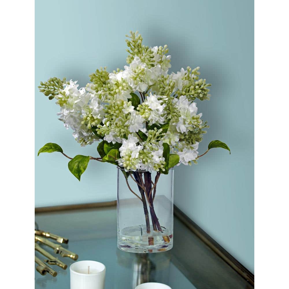 White and Green Lilac Silk Flower Arrangement in Glass Vase