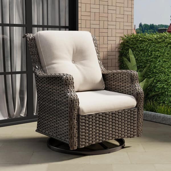 Outdoor Patio Wicker Lounge Chair Swivel Rocking Chair with Beige Cushions