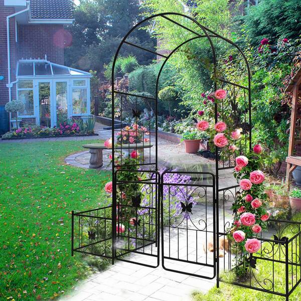 86.6 in. x 79.5 in. Black Metal Garden Arbor with Gate for