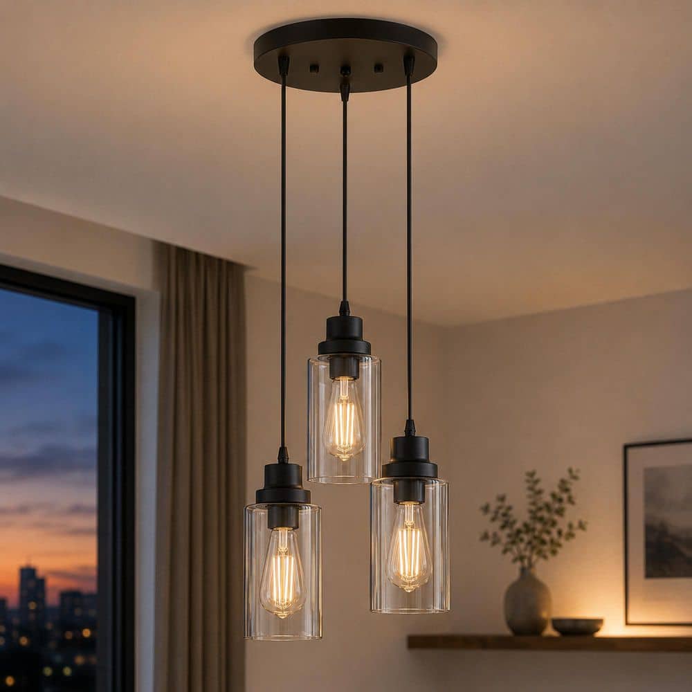 ひろ Briignite 3-Light Black Pendant Light with Cylinder Clear Glass