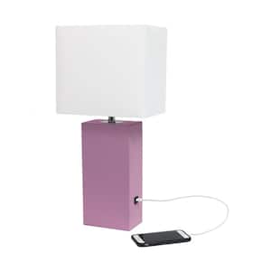 21 in. Purple Lexington Leather Base Table Lamp with White Fabric Shade with USB Charging Port