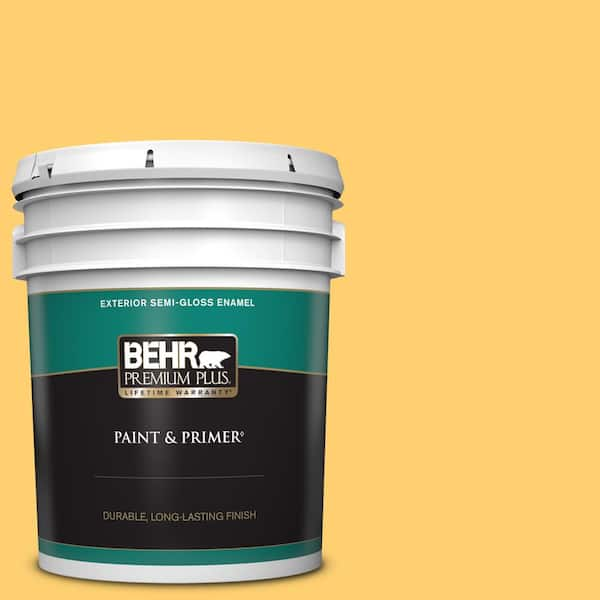 BEHR PREMIUM PLUS 5 gal. #320B-6 Mellow Yellow Semi-Gloss Enamel Exterior Paint & Primer