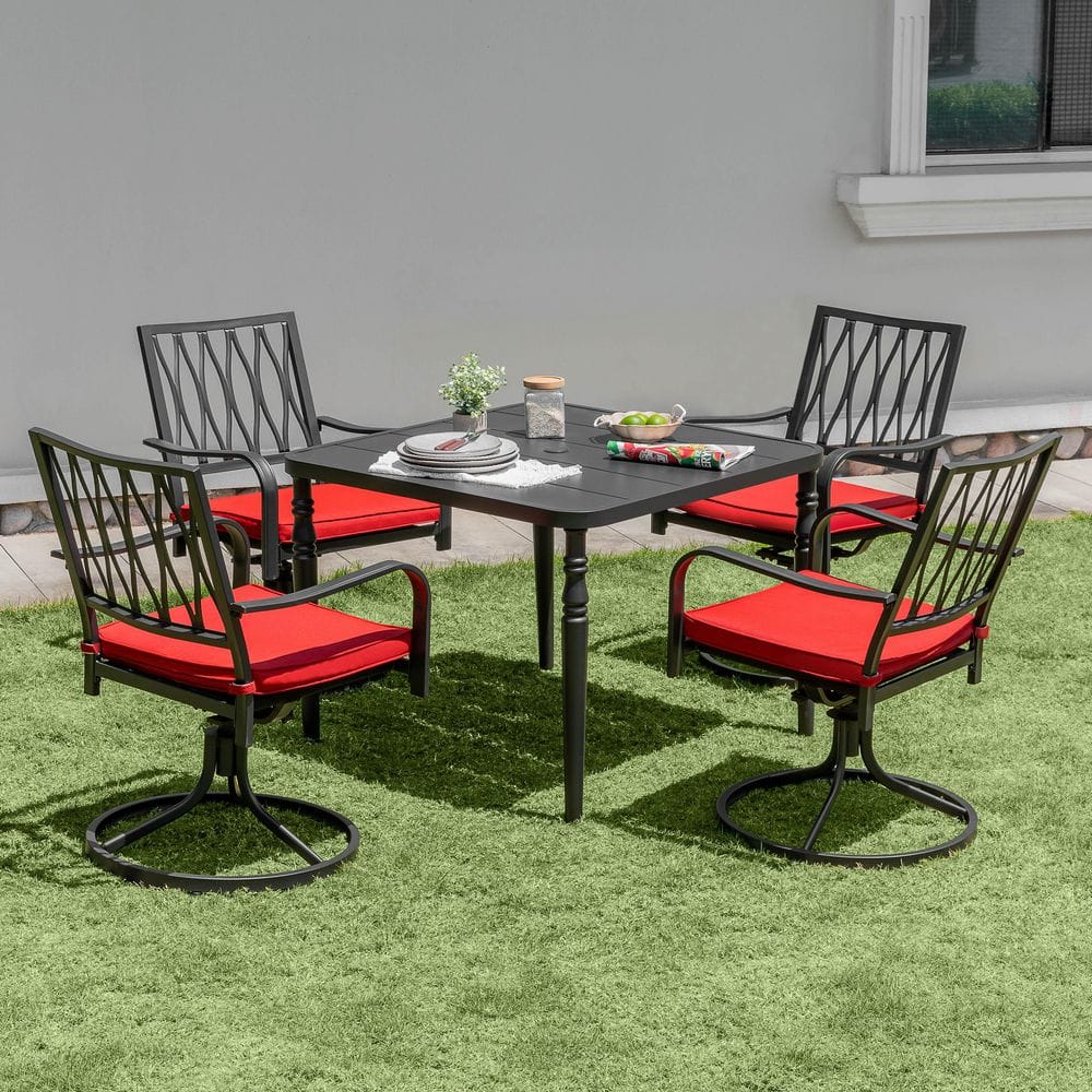 Black 5-Piece Metal Rectangle Outdoor Dining Set with Red Zippered Cushions and Umbrella Hole price history on PriceWatchPro