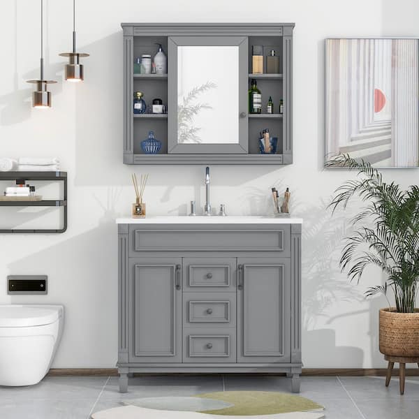 Bnuina 35.1 in. W x 18.1 in. D x 34 in. H Freestanding Bath Vanity in Grey with White Resin Top Singe Sink and Mirror Cabinet