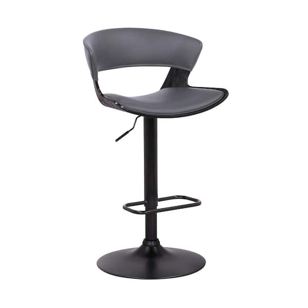 Armen Living Karine 43 in. Adjustable Low Back Swivel Grey Faux Leather and Black Wood Frame Low Back Bar Stool with Black Base