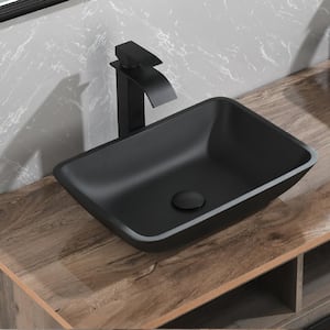 Matte Shell Glass Rectangular Vessel Bathroom Sink in Black with Faucet and Pop-Up Drain in Matte Black