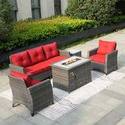 Gray 5-Piece Outdoor Rattan Wicker Patio Fire Pit Conversation Sofa Set with Red Cushions