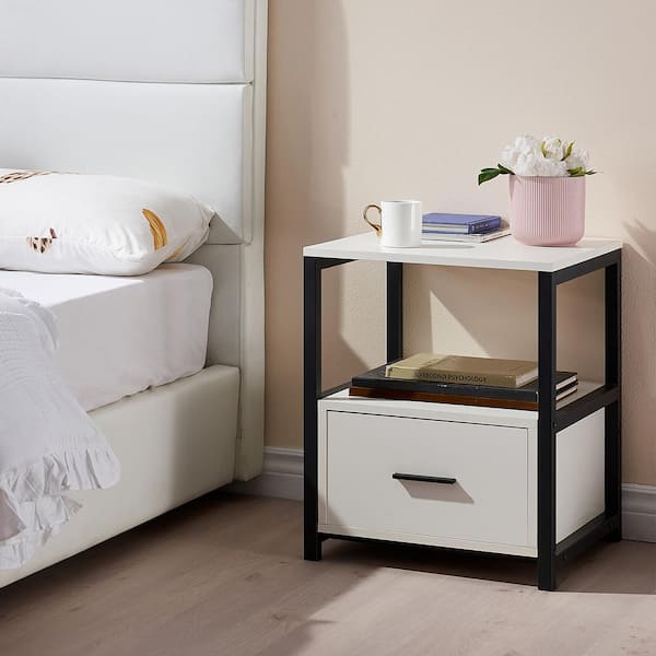 1-Drawer Black and White Square Modern End/Side Table, Night Stand with Open Shelf 22 in. H x 15.7 in. W x 15.7 in. L