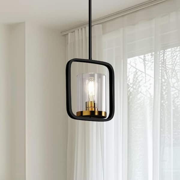 YANSUN 1-Light Black and Gold Pendant Light with Glass Shade, E26 Base, No Bulbs Included