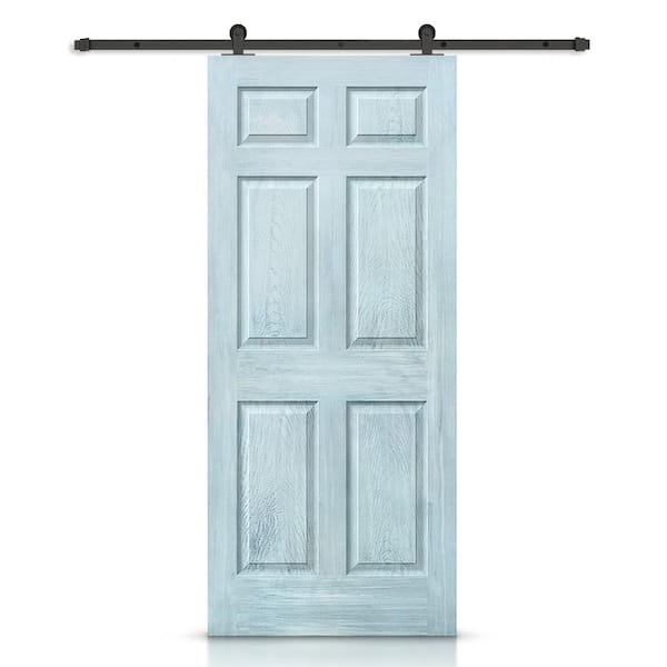 CALHOME 30 in. x 80 in. Vintage Denim Blue Stain Composite MDF 6 Panel Interior Sliding Barn Door with Hardware Kit
