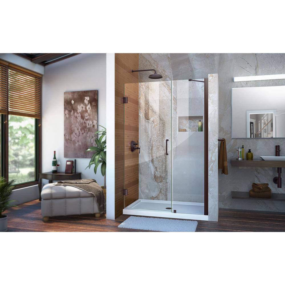 Unidoor Oil Rubbed Bronze Frameless Hinged Shower Door with Clear Glass
