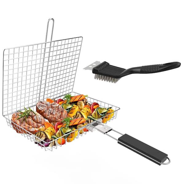 Heavy Duty 304-Stainless Steel Grill Basket Non-Stick Evenly Cook Veggies, Seafood, Meat, Rust-Resistant and Easy Clean