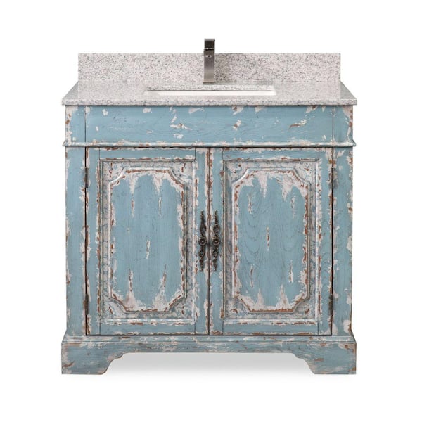 Benton Collection 36 in. W x 22 in. D x 35 in. H Freestanding Bath Vanity in Distressed Rustic Light Blue with Gray Cultured Marble Top