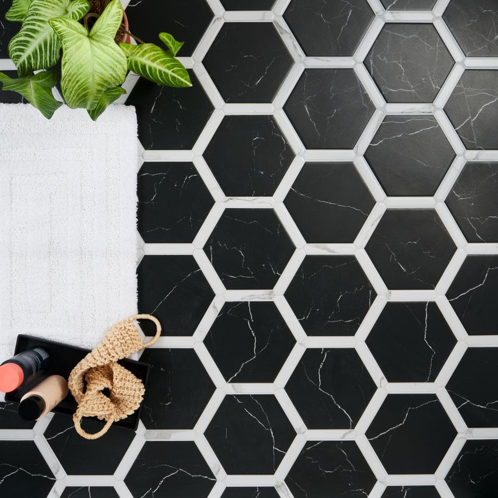 Samara Black and White Hexagon Porcelain Tile Set