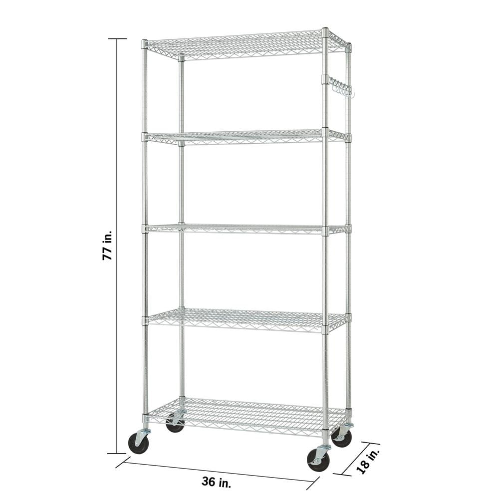 Adjustable Black 5-Tier Chrome Wire Shelving Unit with Hooks
